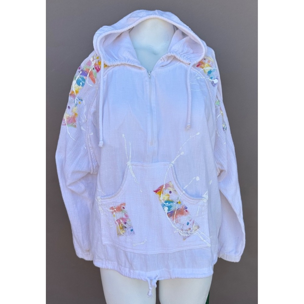 Vtg 80s Handpainted Jacket Linda Bresler Hoodie White Retro Floral Bedazzled XL